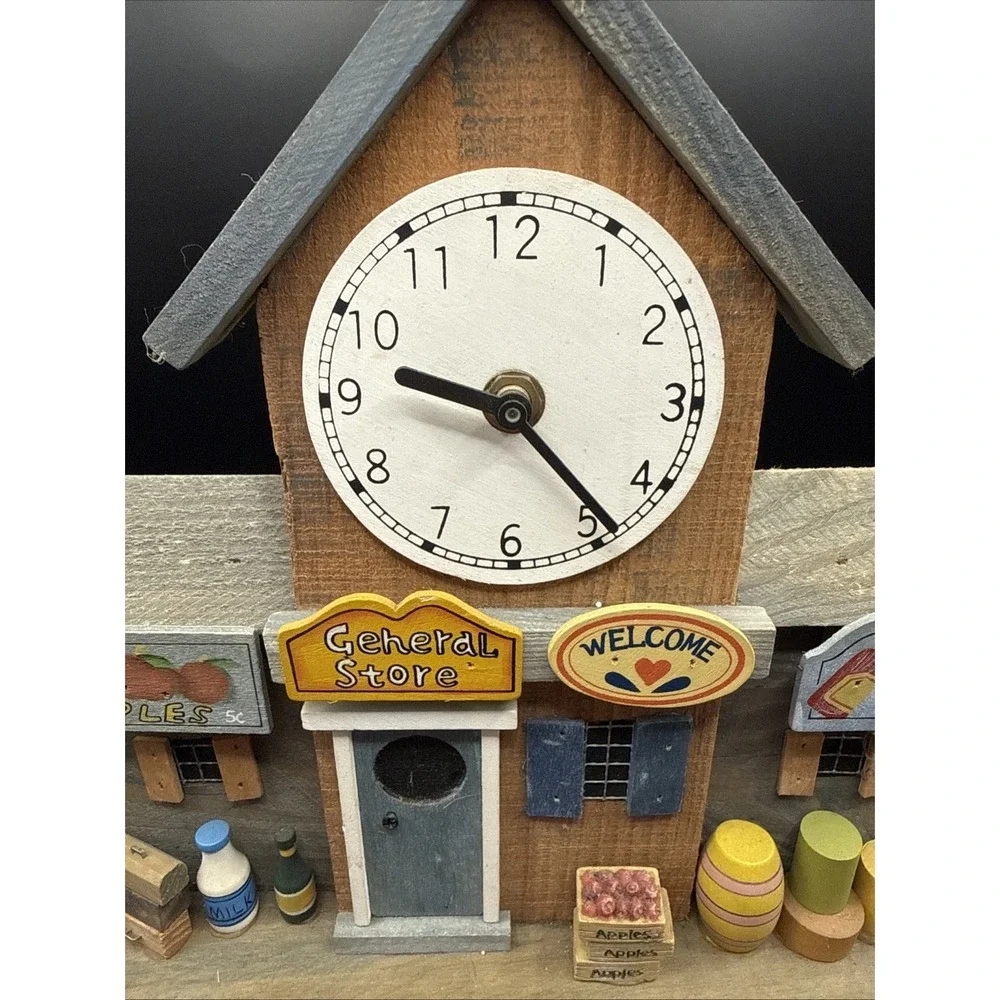 VTG Small Town Store Mantel Wood Decorative with Clock Handmade Cottage Core